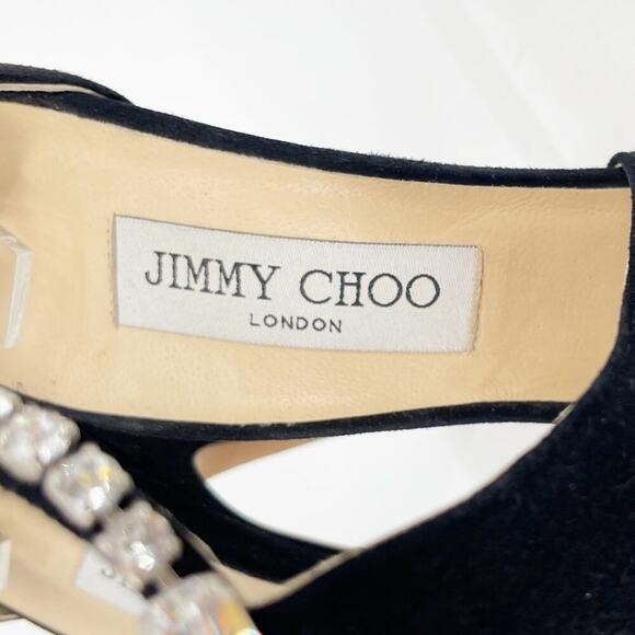 Jimmy Choo Farah Black Suede Crystal Trim Peep Toe Platform Pump Sandal IT 37.5 - Picture 9 of 11